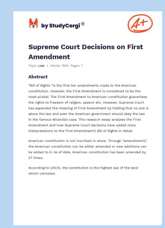 Supreme Court Decisions on First Amendment. Page 1