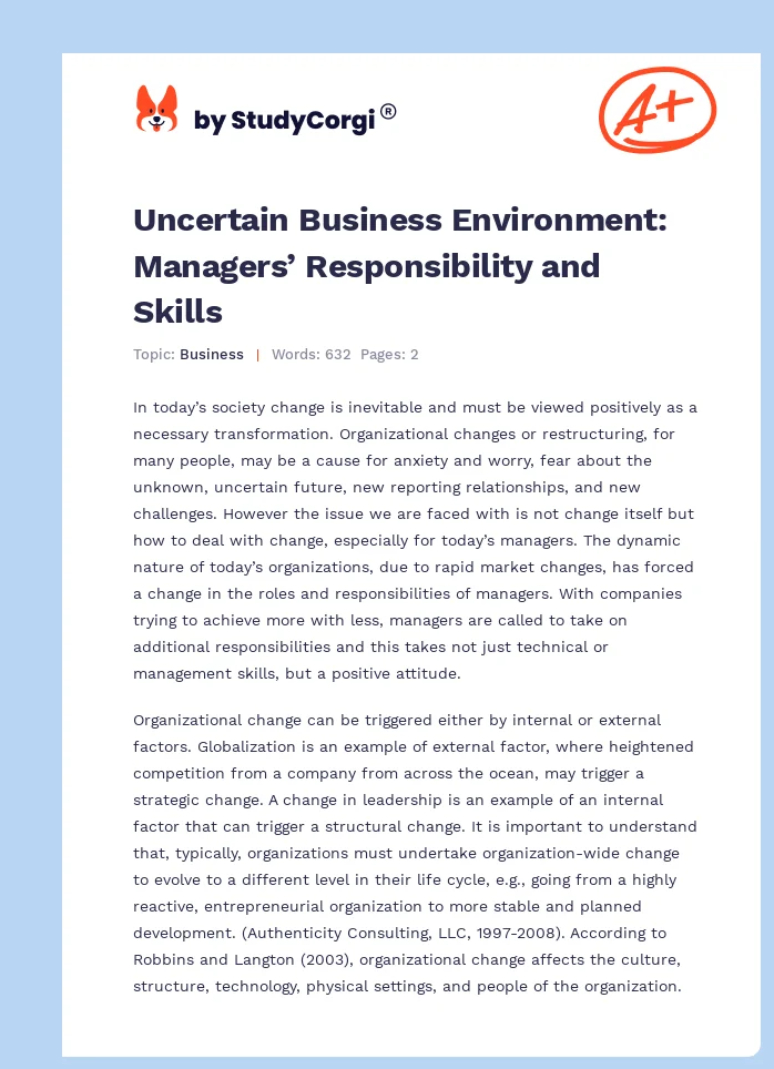 Uncertain Business Environment: Managers’ Responsibility and Skills. Page 1