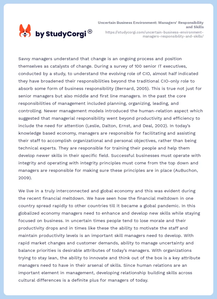 Uncertain Business Environment: Managers’ Responsibility and Skills. Page 2