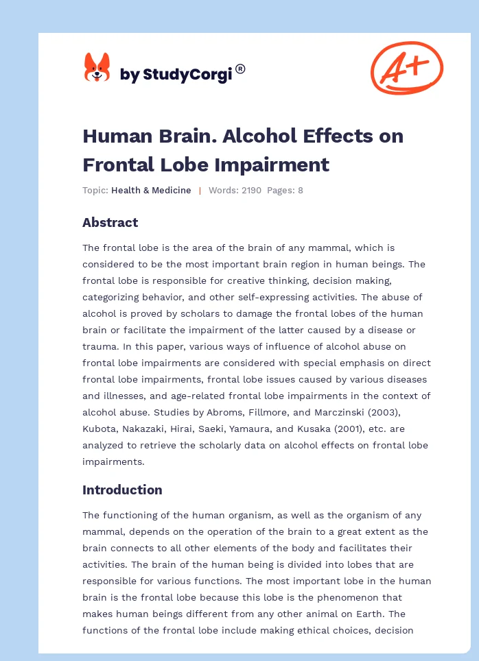 Human Brain. Alcohol Effects on Frontal Lobe Impairment. Page 1