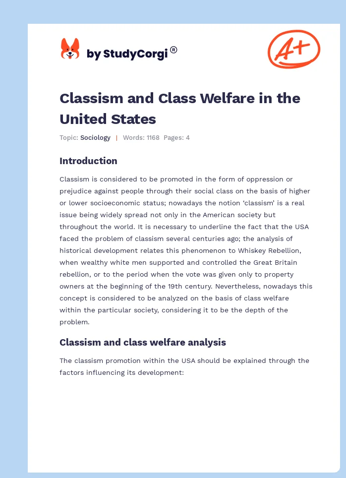 Classism and Class Welfare in the United States. Page 1