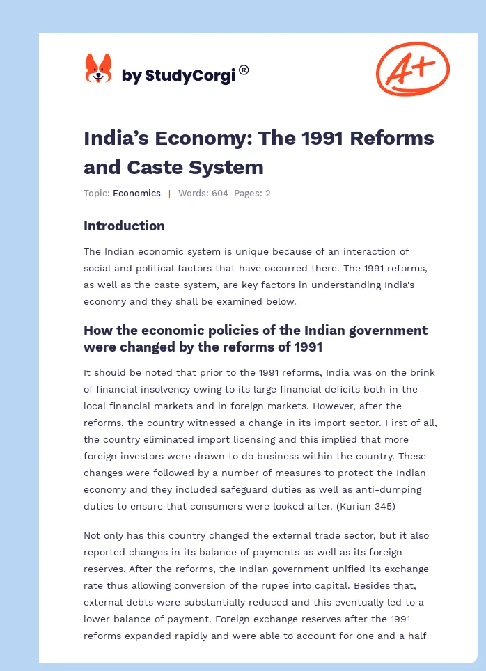 India’s Economy: The 1991 Reforms and Caste System. Page 1
