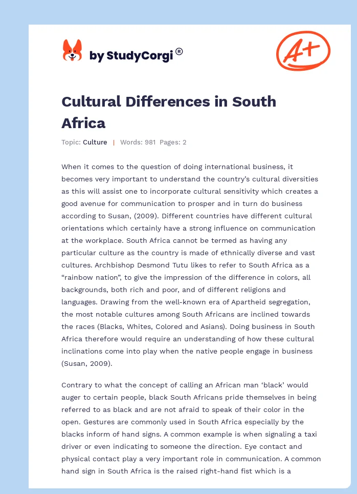 Cultural Differences in South Africa. Page 1