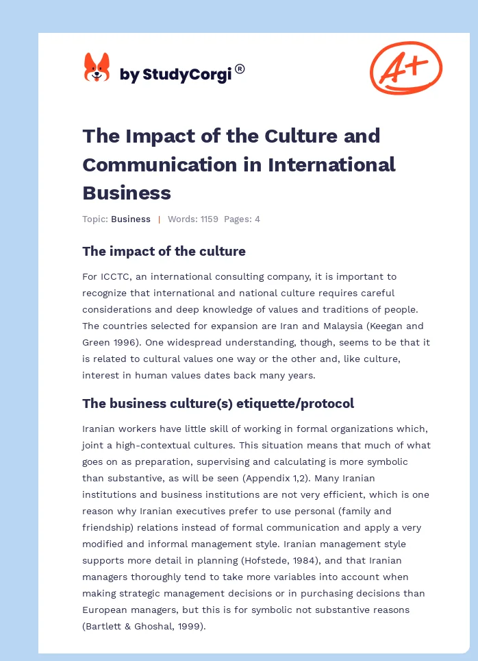 The Impact of the Culture and Communication in International Business. Page 1