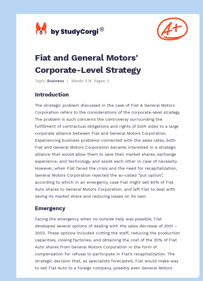 Fiat and General Motors' Corporate-Level Strategy. Page 1