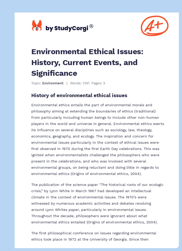 Environmental Ethical Issues: History, Current Events, and Significance. Page 1