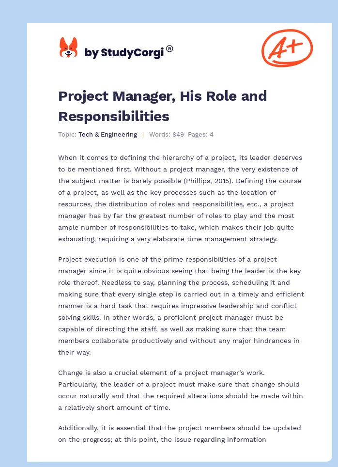 Project Manager, His Role and Responsibilities. Page 1