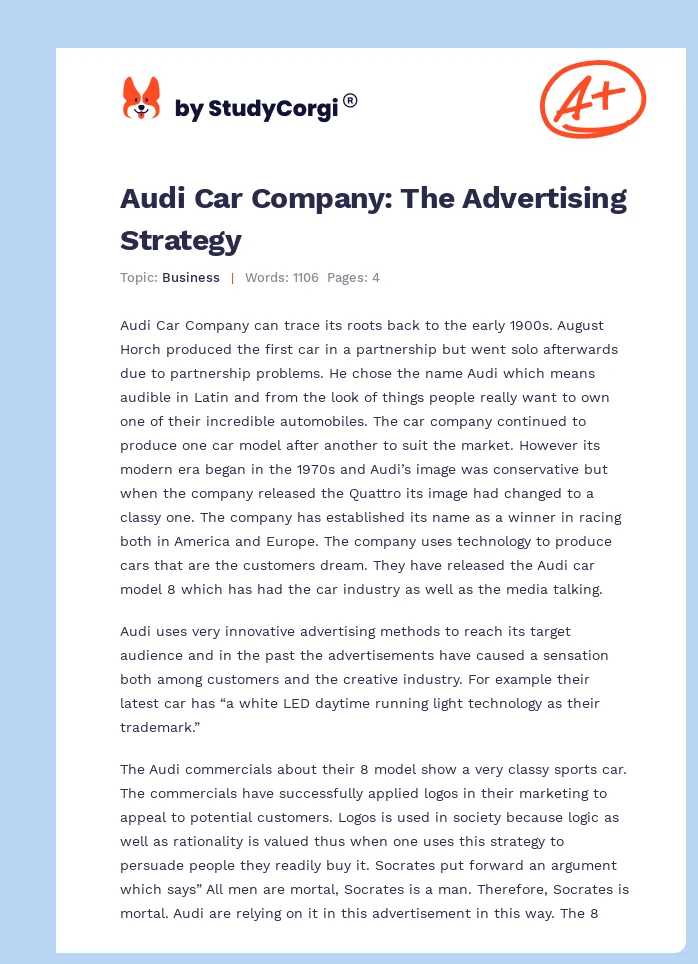Audi Car Company: The Advertising Strategy. Page 1