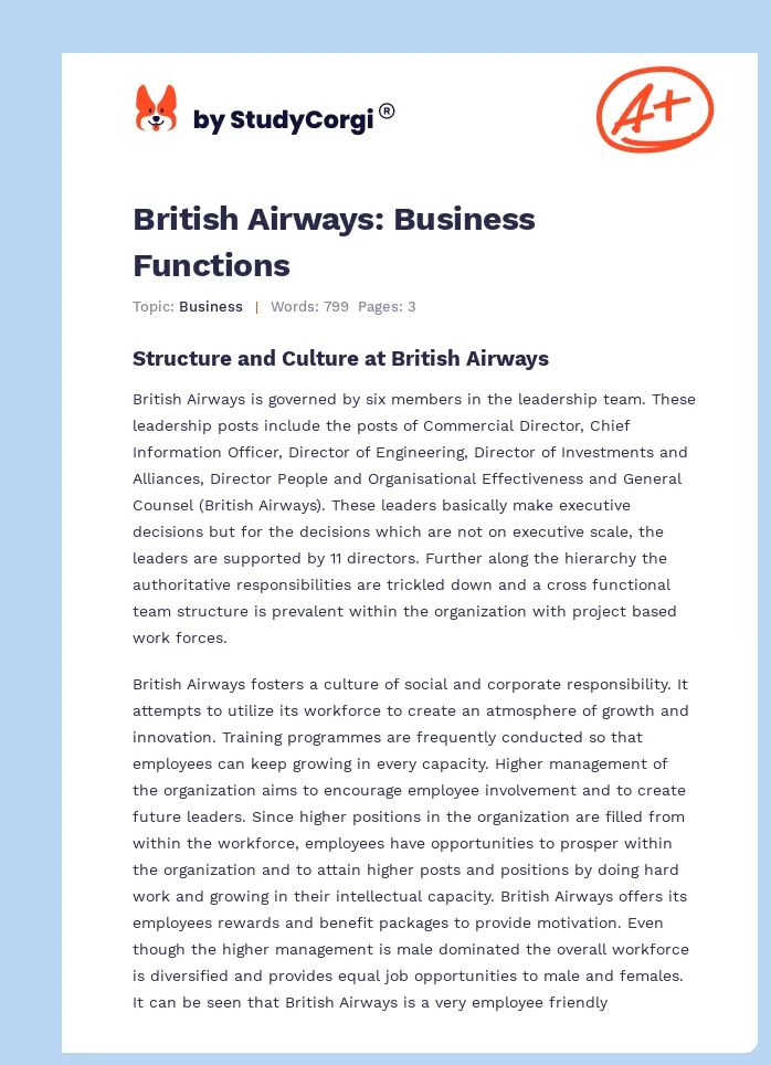 British Airways: Business Functions. Page 1