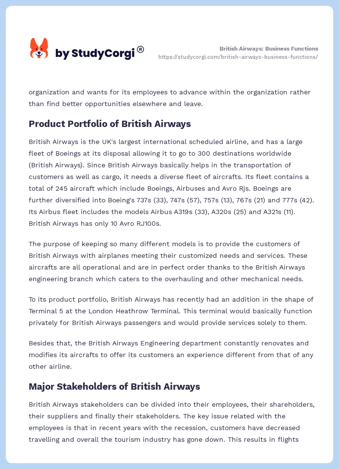 British Airways: Business Functions. Page 2