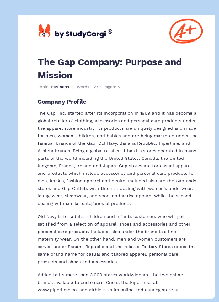 The Gap Company: Purpose and Mission. Page 1