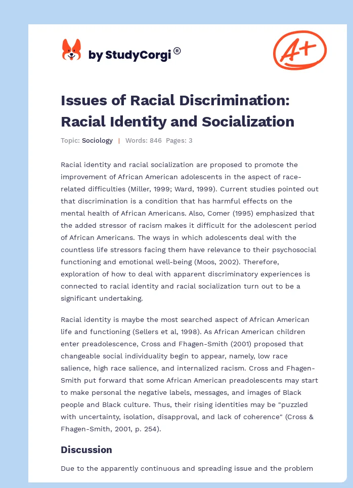 Issues of Racial Discrimination: Racial Identity and Socialization. Page 1