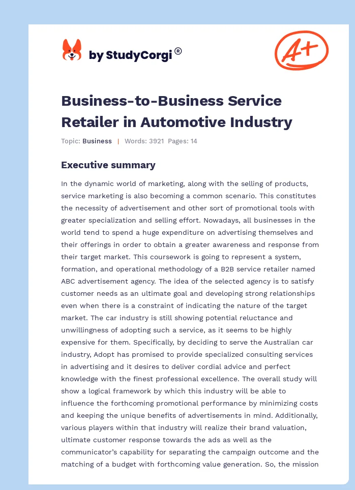 Business-to-Business Service Retailer in Automotive Industry. Page 1