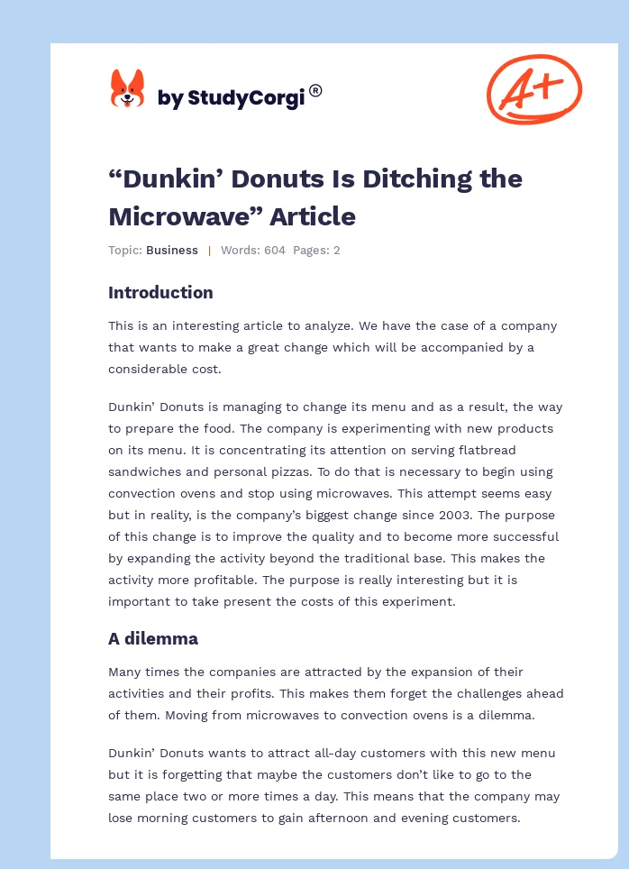 “Dunkin’ Donuts Is Ditching the Microwave” Article. Page 1