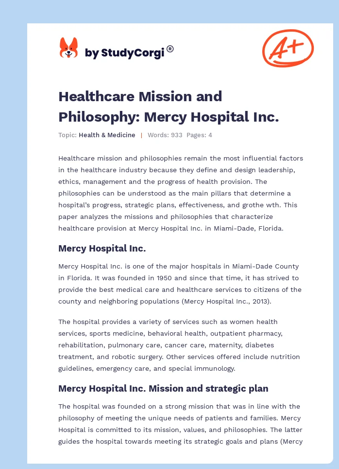 Healthcare Mission and Philosophy: Mercy Hospital Inc.. Page 1