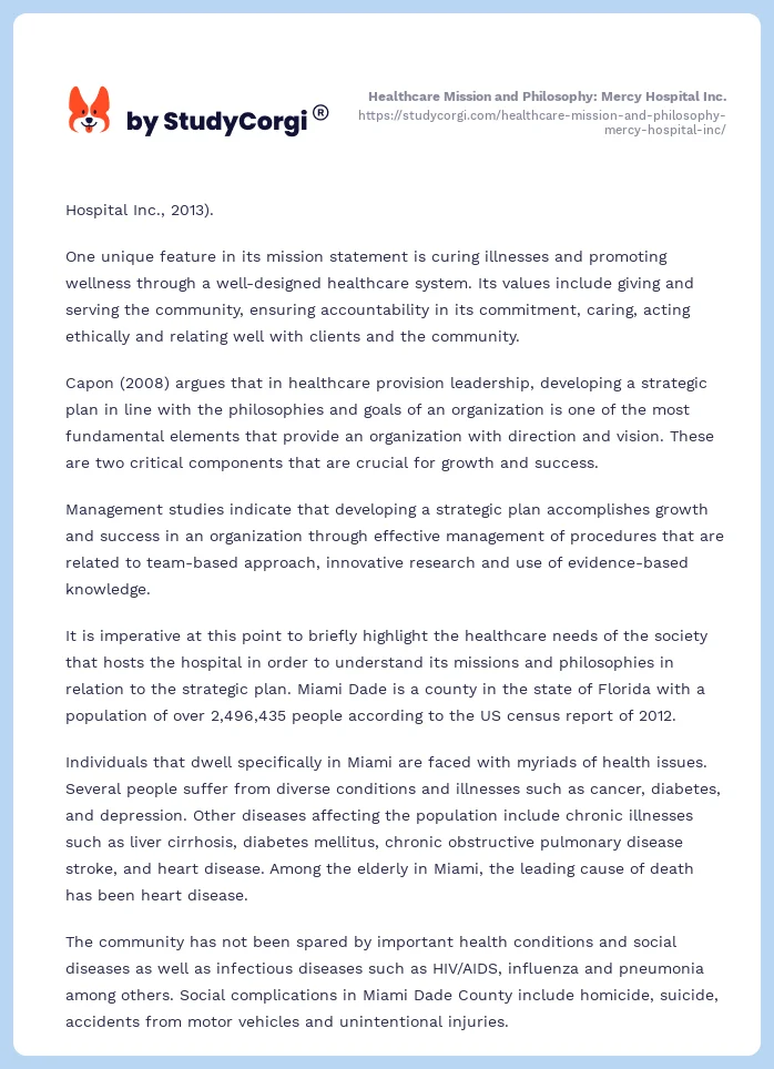 Healthcare Mission and Philosophy: Mercy Hospital Inc.. Page 2
