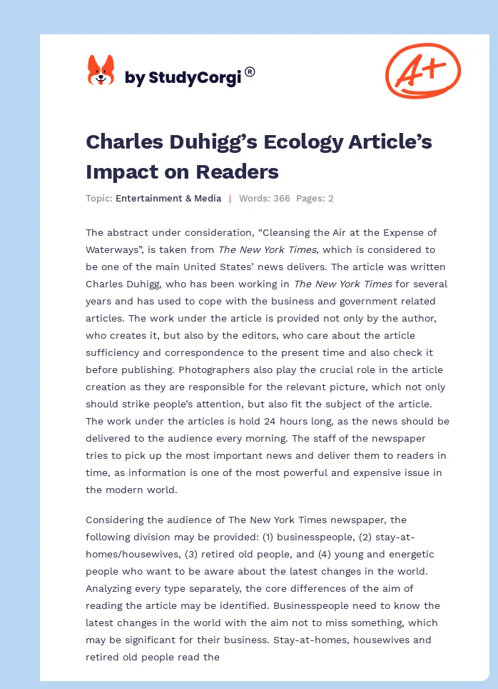 Charles Duhigg’s Ecology Article’s Impact on Readers. Page 1