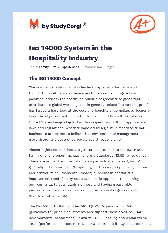 Iso 14000 System in the Hospitality Industry. Page 1