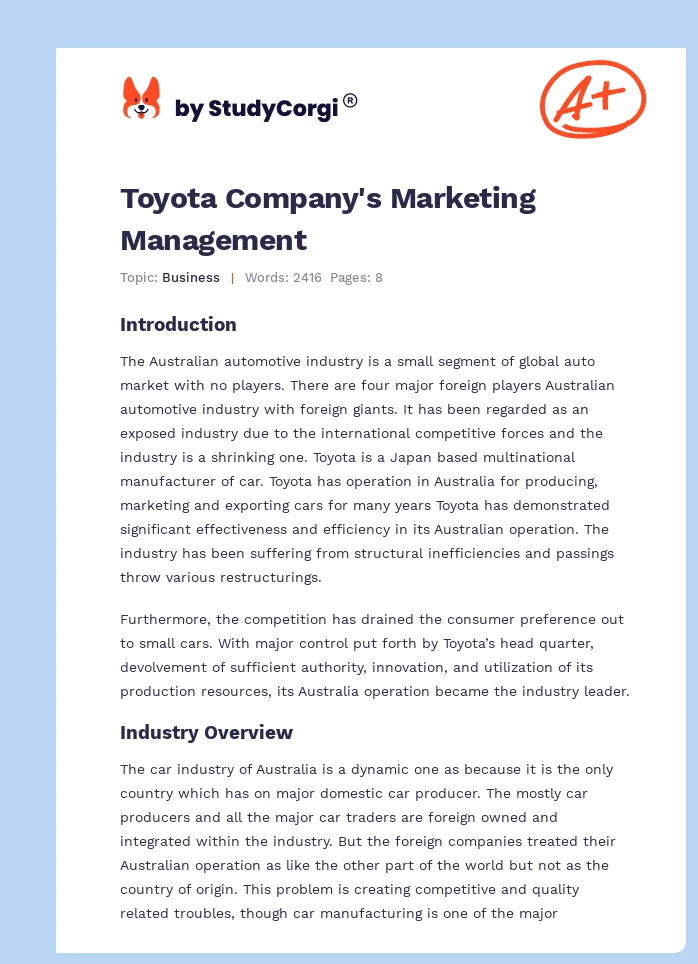 Toyota Company's Marketing Management. Page 1