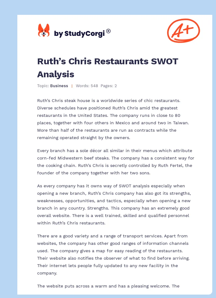 Ruth’s Chris Restaurants SWOT Analysis. Page 1