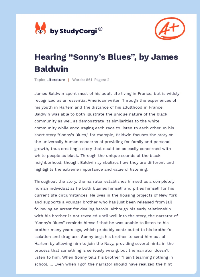 Hearing “Sonny’s Blues”, by James Baldwin. Page 1