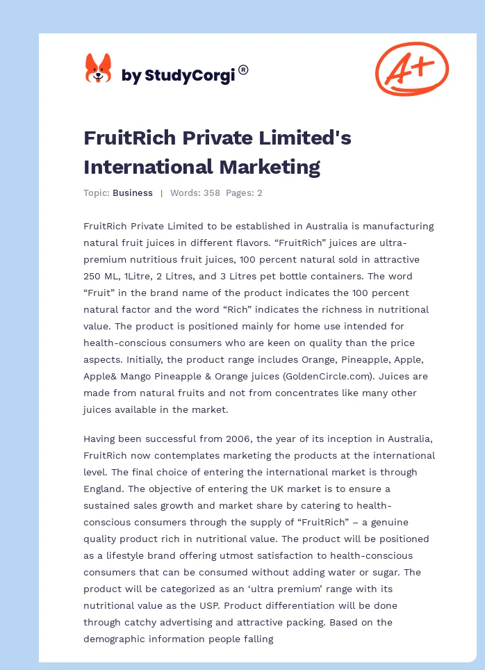 FruitRich Private Limited's International Marketing. Page 1