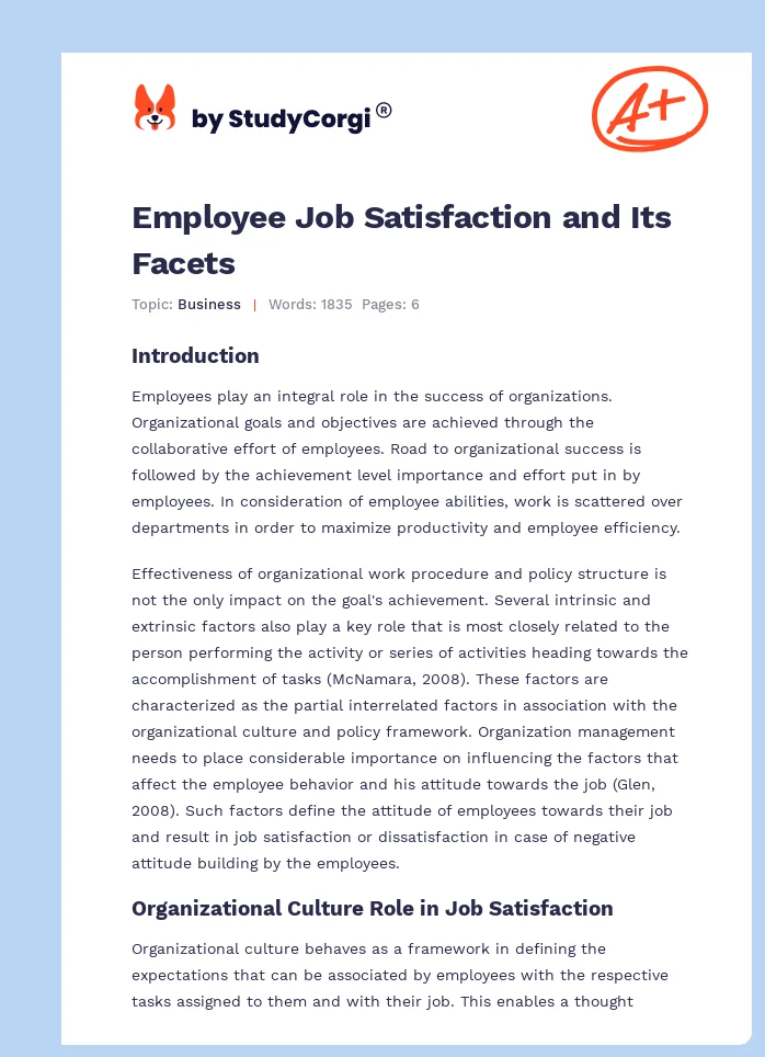 Employee Job Satisfaction and Its Facets. Page 1