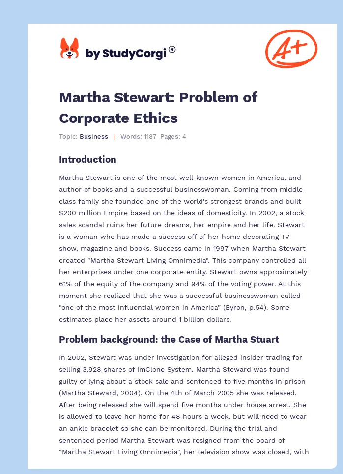 Martha Stewart: Problem of Corporate Ethics. Page 1