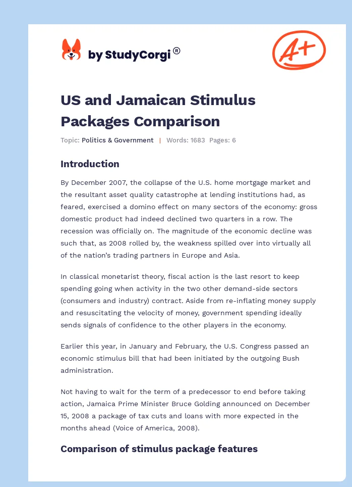 US and Jamaican Stimulus Packages Comparison. Page 1