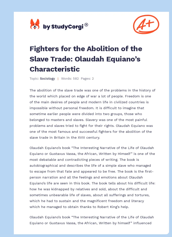 Fighters for the Abolition of the Slave Trade:  Olaudah Equiano’s Characteristic. Page 1