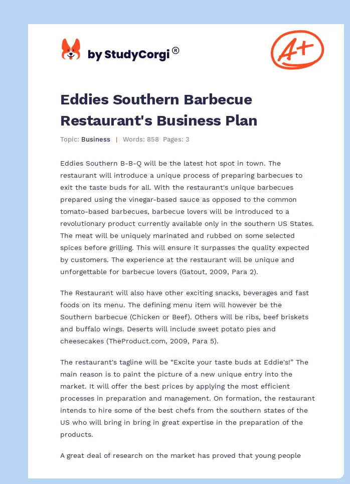 Eddies Southern Barbecue Restaurant's Business Plan. Page 1