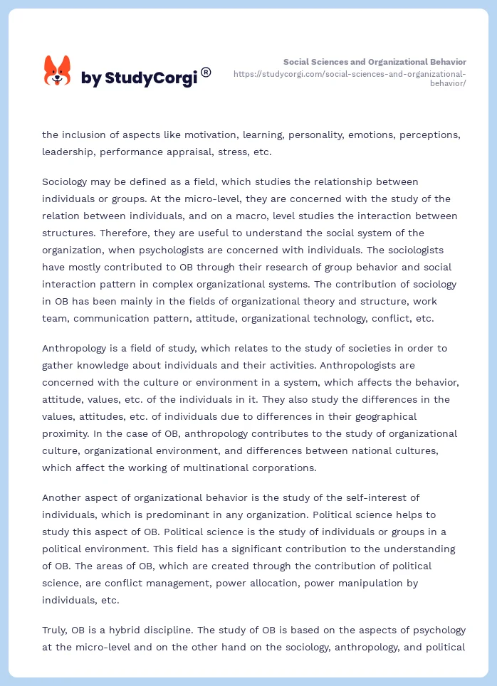 Social Sciences and Organizational Behavior. Page 2