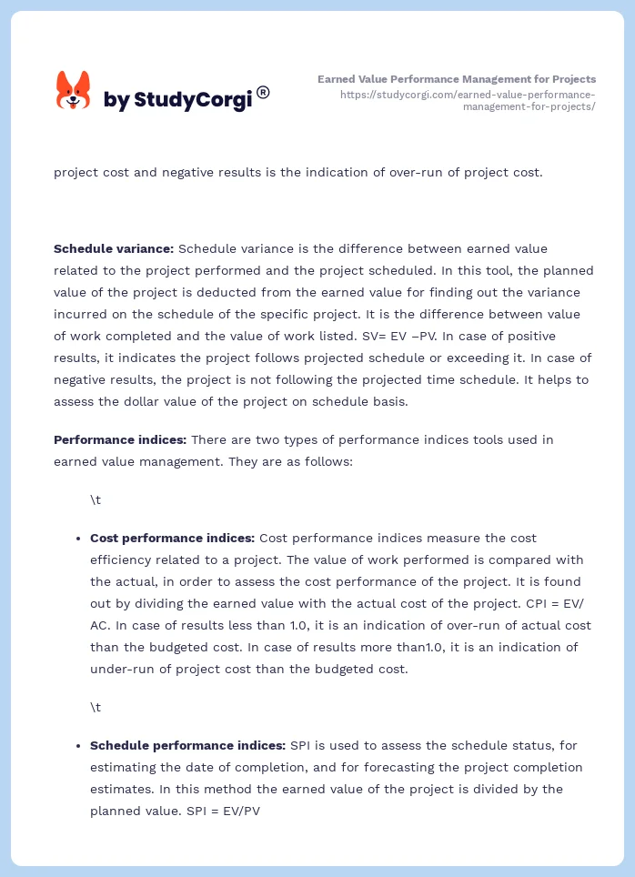 Earned Value Performance Management for Projects. Page 2