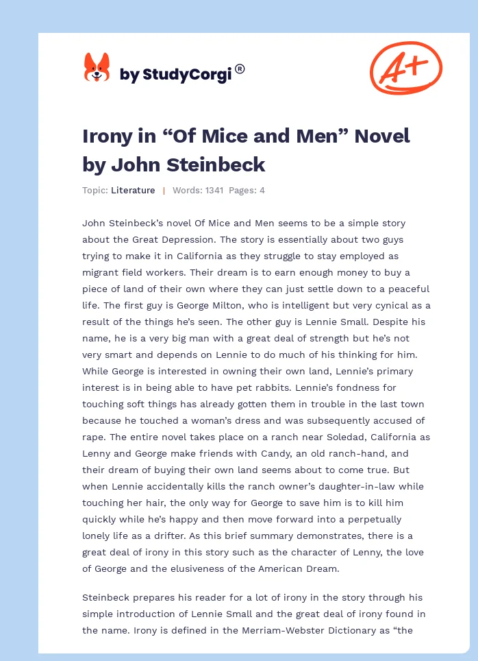 Irony in “Of Mice and Men” Novel by John Steinbeck. Page 1