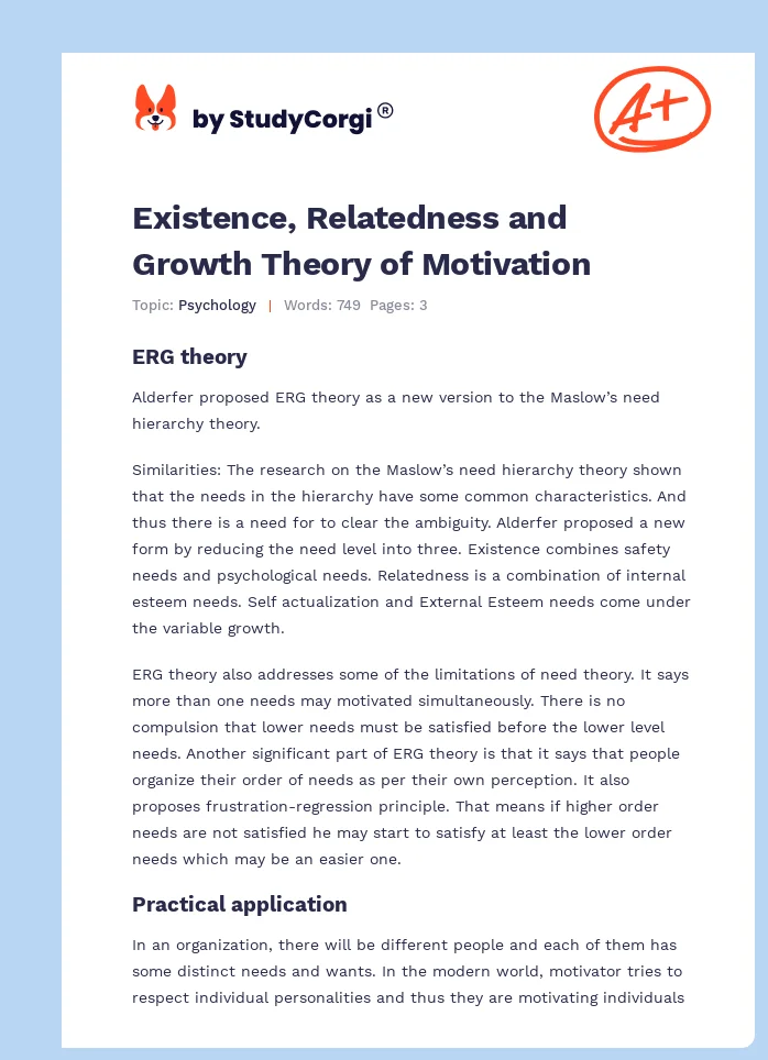 Existence, Relatedness and Growth Theory of Motivation. Page 1