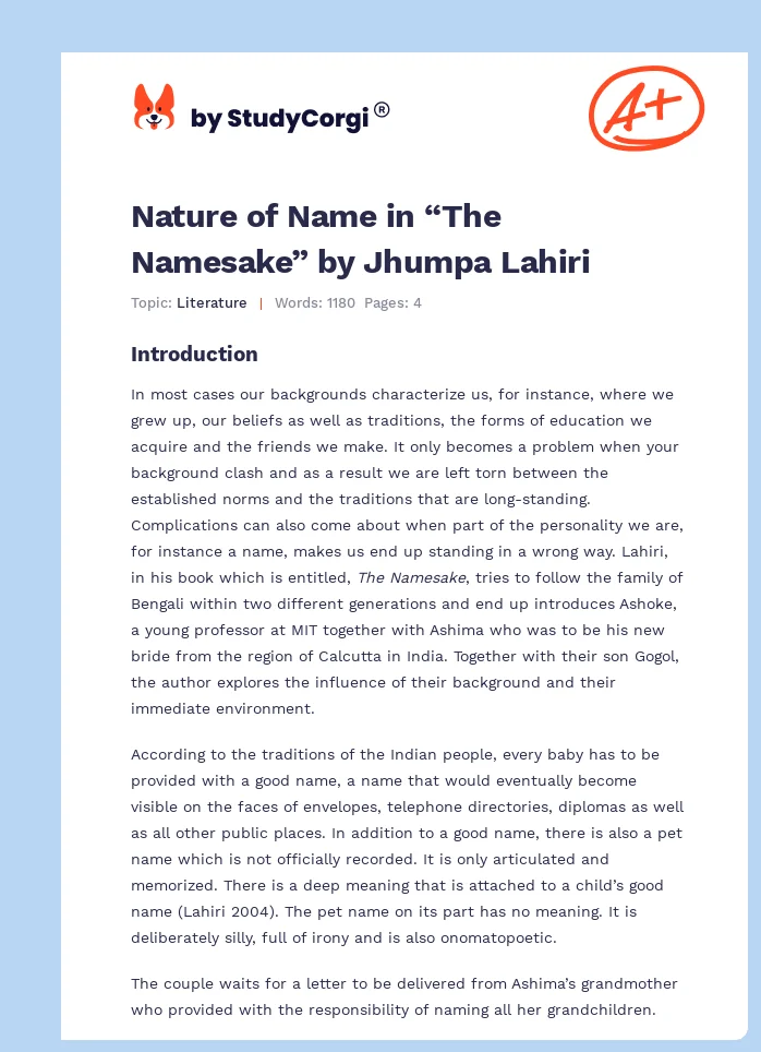 Nature of Name in “The Namesake” by Jhumpa Lahiri. Page 1