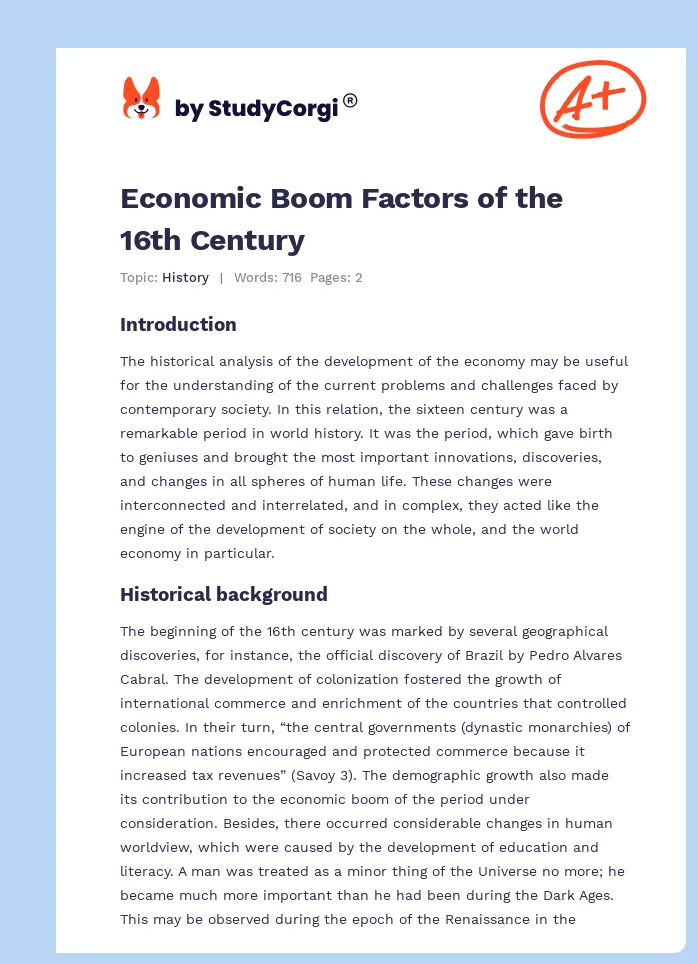 Economic Boom Factors of the 16th Century. Page 1