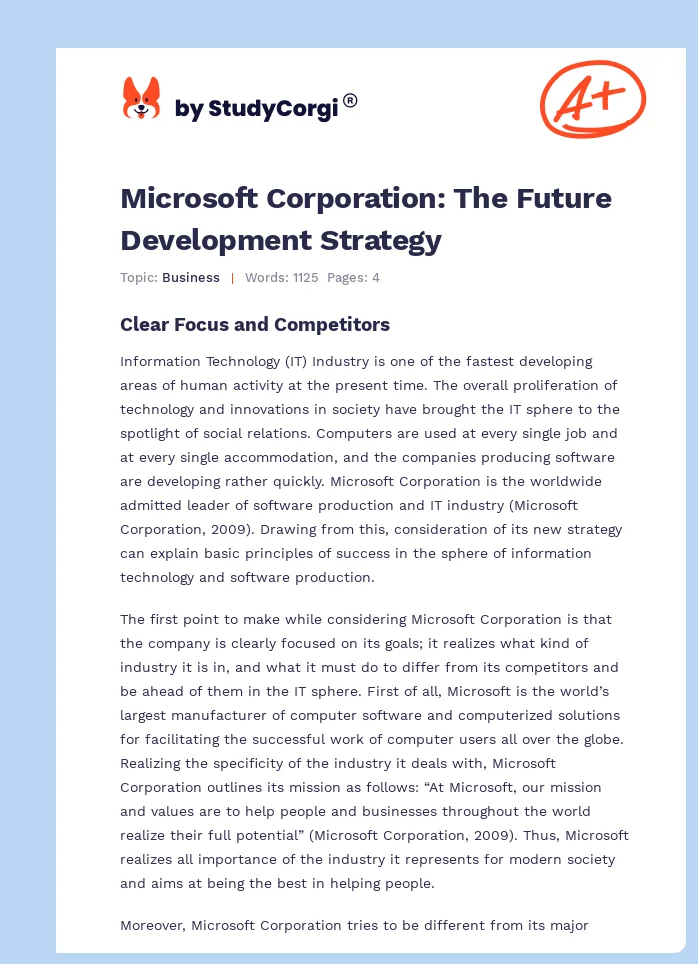 Microsoft Corporation: The Future Development Strategy. Page 1