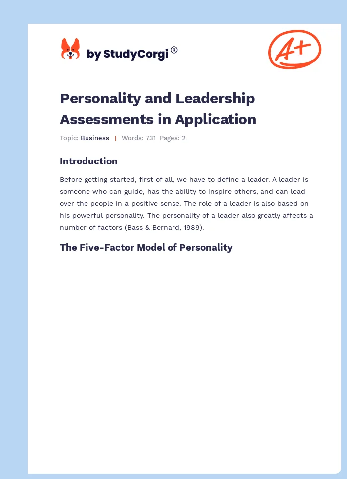 Personality and Leadership Assessments in Application. Page 1