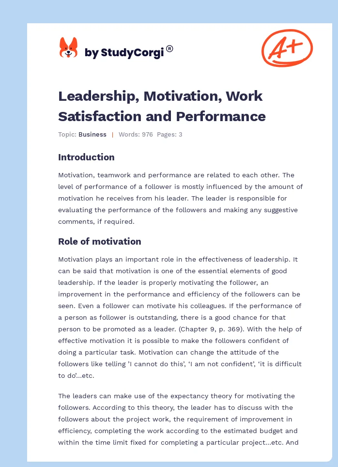 Leadership, Motivation, Work Satisfaction and Performance. Page 1