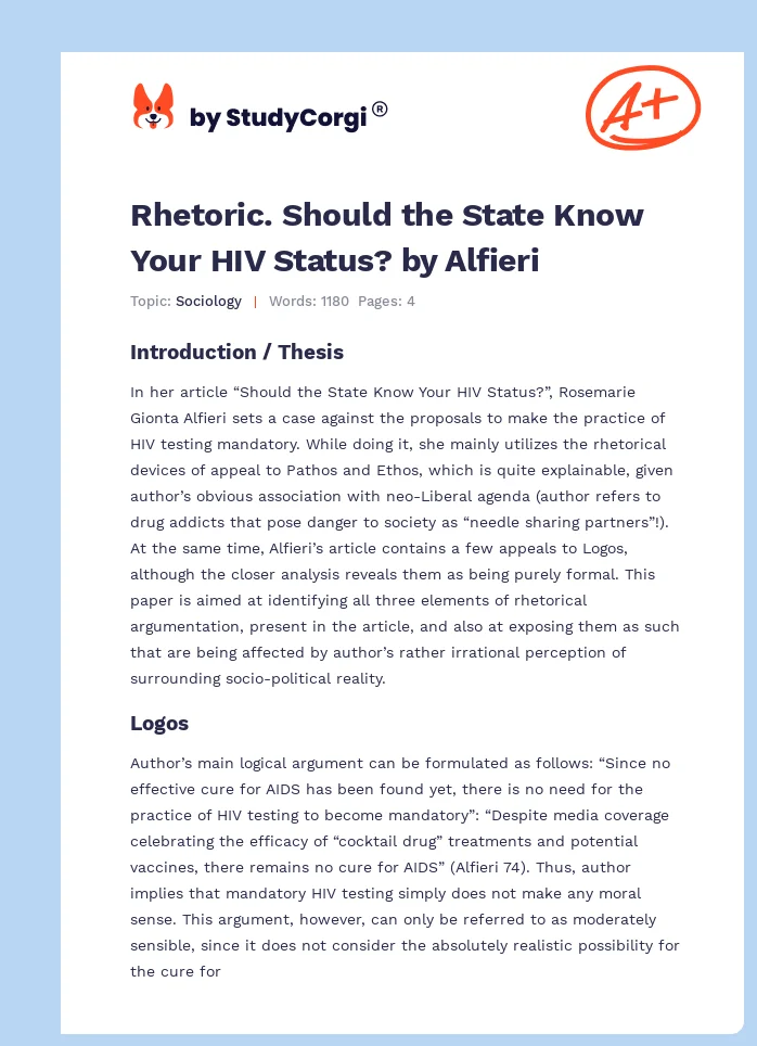 Rhetoric. Should the State Know Your HIV Status? by Alfieri. Page 1