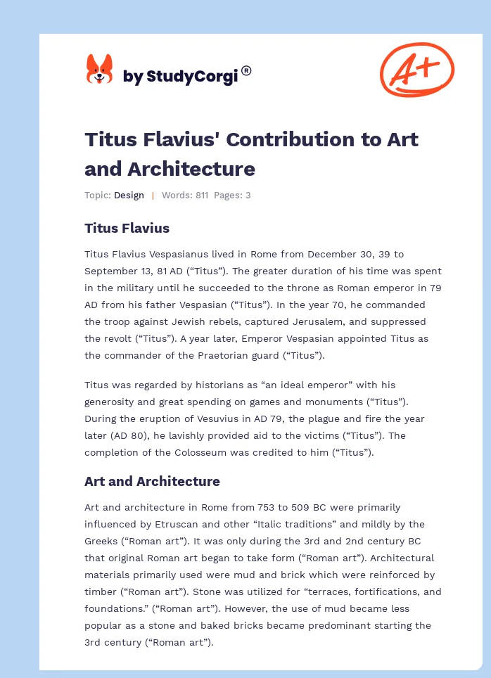 Titus Flavius' Contribution to Art and Architecture. Page 1