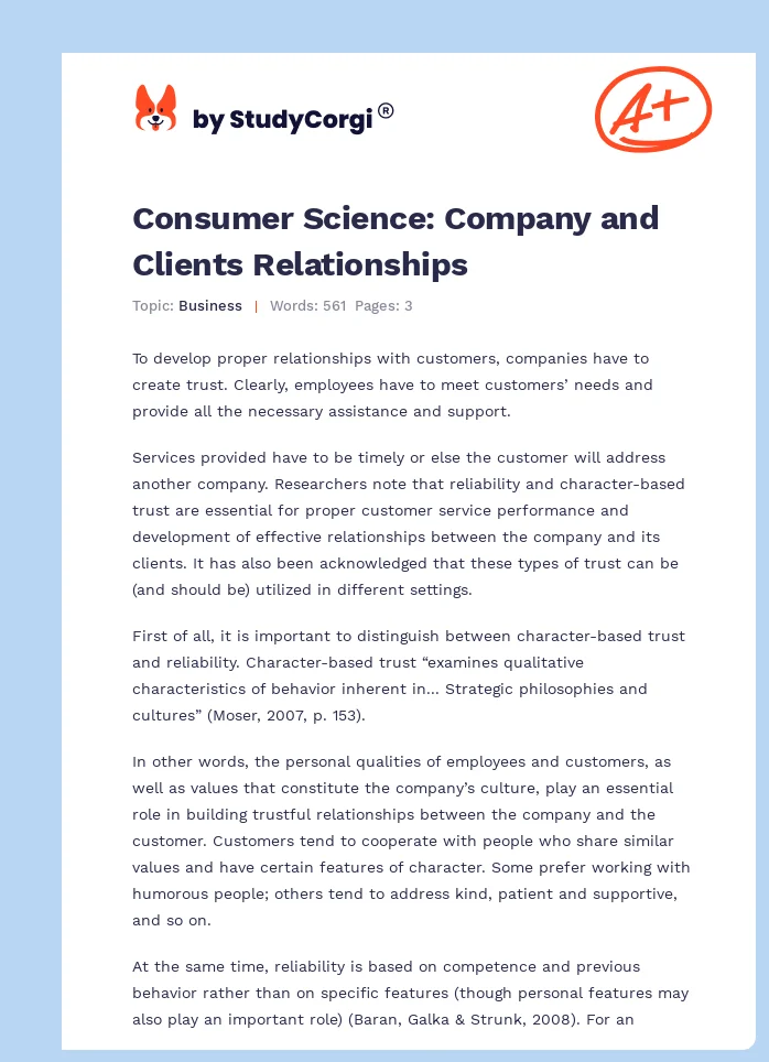 Consumer Science: Company and Clients Relationships. Page 1