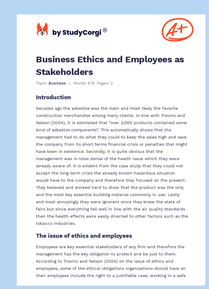 Business Ethics and Employees as Stakeholders. Page 1