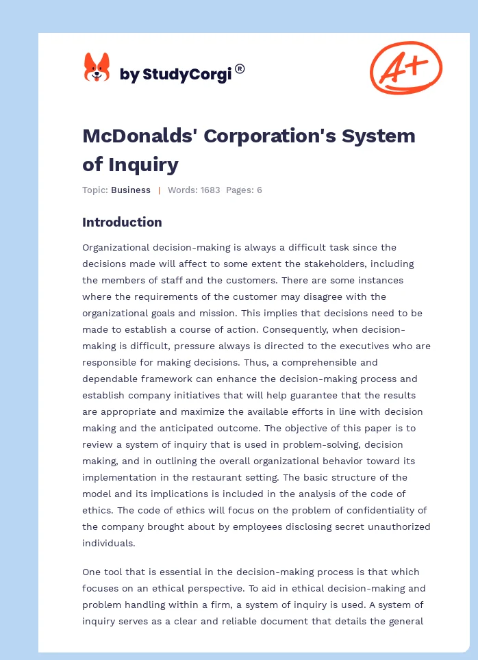 McDonalds' Corporation's System of Inquiry. Page 1