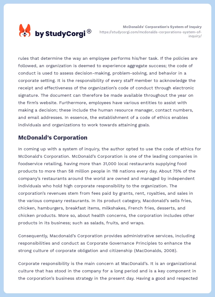 McDonalds' Corporation's System of Inquiry. Page 2