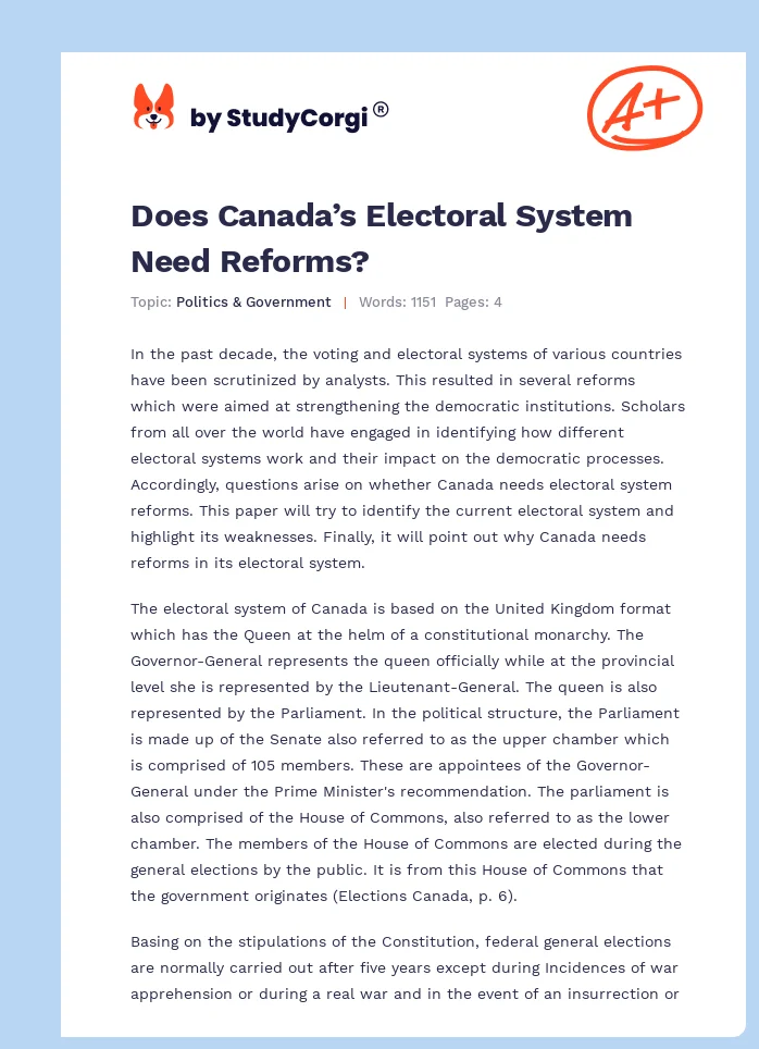 Does Canada’s Electoral System Need Reforms?. Page 1