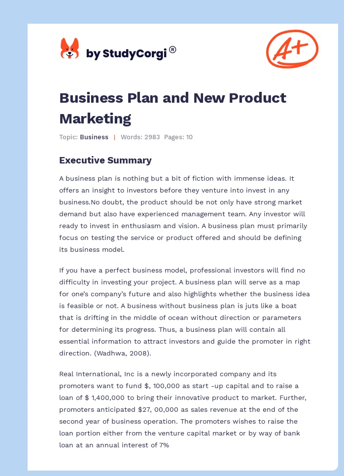 Business Plan and New Product Marketing. Page 1