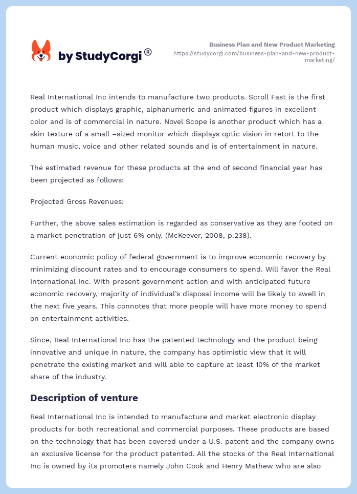 Business Plan and New Product Marketing. Page 2