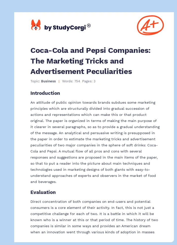 Coca-Cola and Pepsi Companies: The Marketing Tricks and Advertisement Peculiarities. Page 1